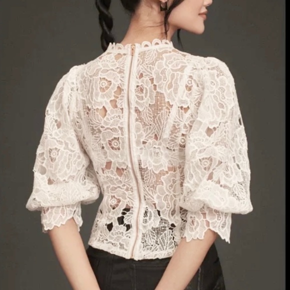 Vintage Lace High-Neck Puff-Sleeve Blouse by Peach Womens S Blush-Pink - Picture 1 of 12